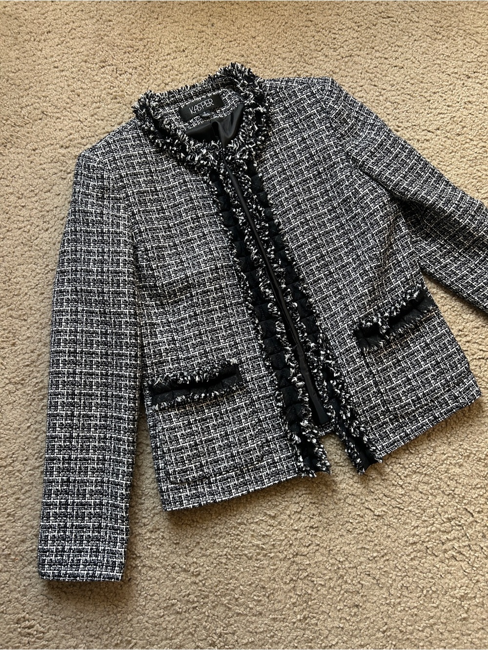 Kasper Black & White Tweed Fringed Collar Jacket